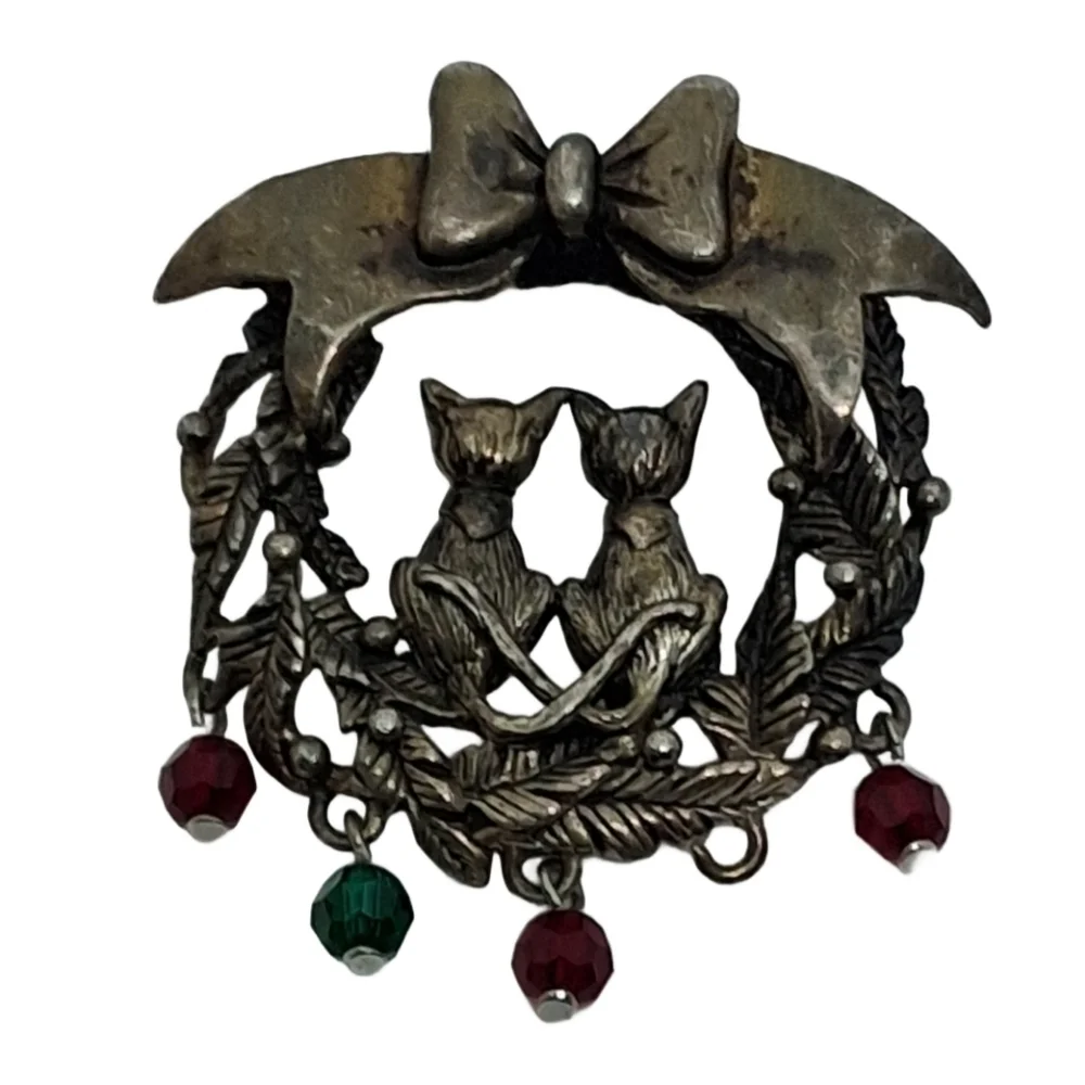 🎄VTG Jezlaine Sterling Silver Two Cats Christmas Wreath Brooch Signed 925